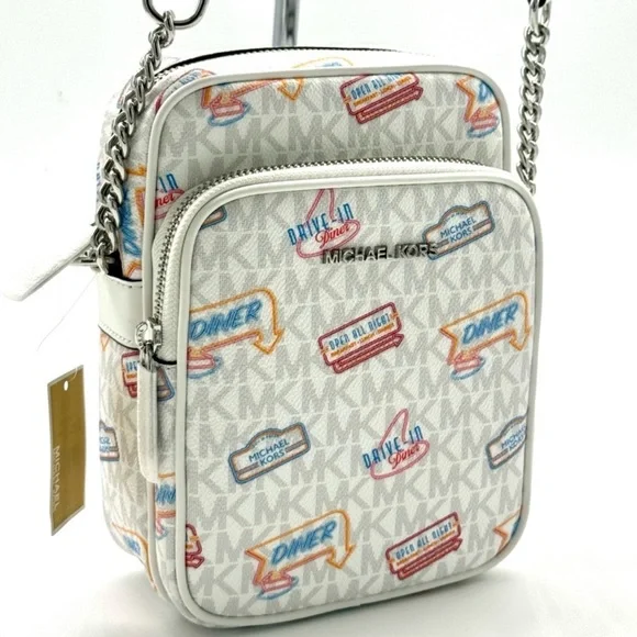 Michael Kors Jet Set Medium Printed Signature Logo Crossbody Bag Optic White